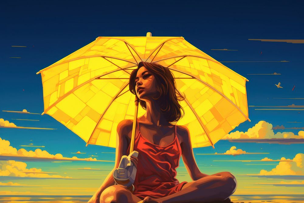 Sunbathing beach umbrella person. AI generated Image by rawpixel.