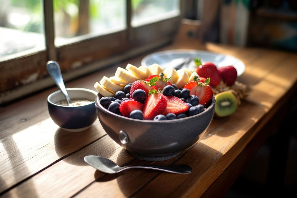 Acai bowl fruit table blueberry. AI generated Image by rawpixel.