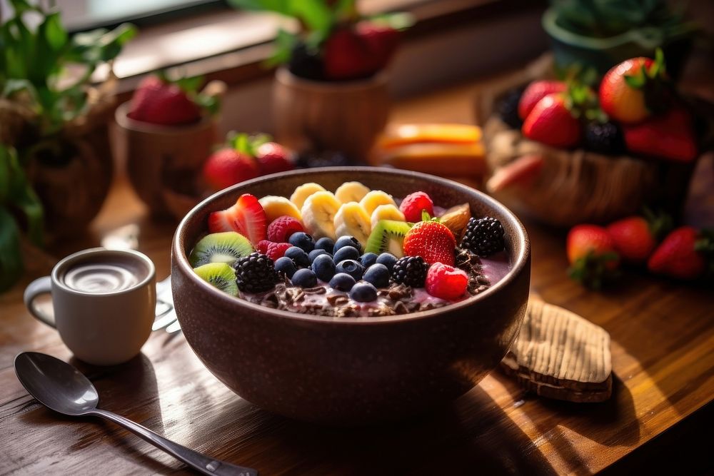 Acai bowl fruit table spoon. AI generated Image by rawpixel.