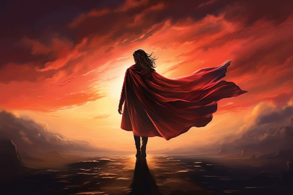 Business woman with red cape sunset backlighting darkness. AI generated Image by rawpixel.