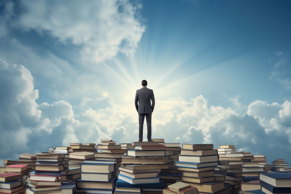 Businessman standing on the top of book stacks sky publication outdoors. AI generated Image by rawpixel.