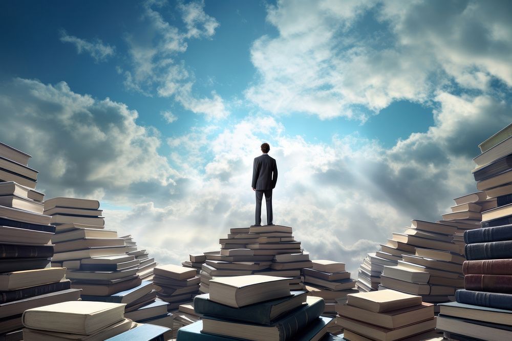 Businessman standing on the top of book stacks sky publication outdoors. 