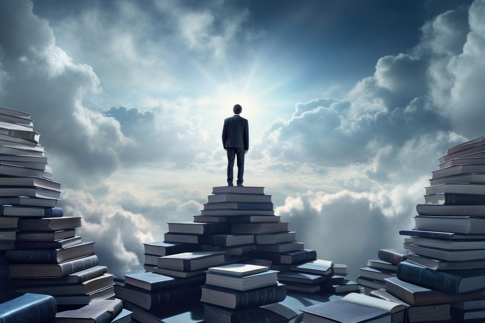 Businessman standing on the top of book stacks sky publication outdoors. AI generated Image by rawpixel.