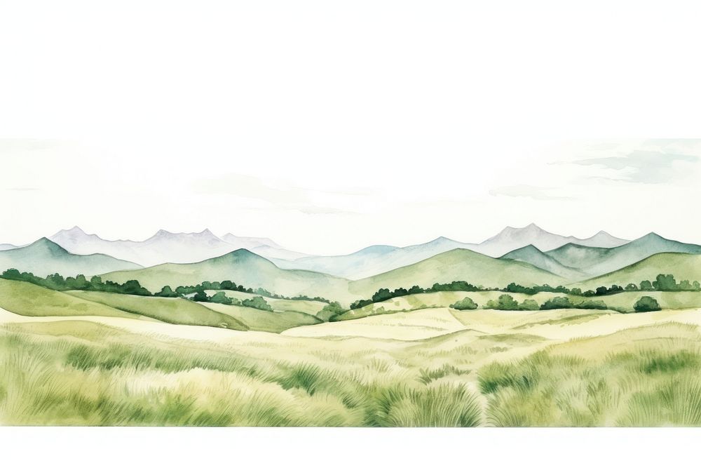 Mountains and grasslands landscape painting panoramic. AI generated Image by rawpixel.
