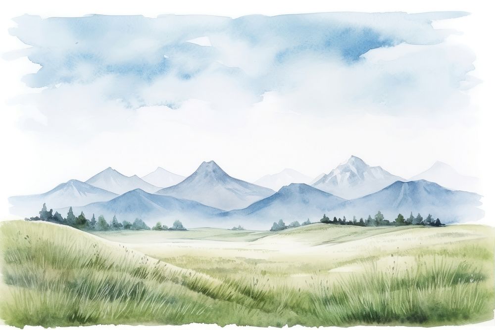 Mountains and grasslands landscape painting outdoors. AI generated Image by rawpixel.