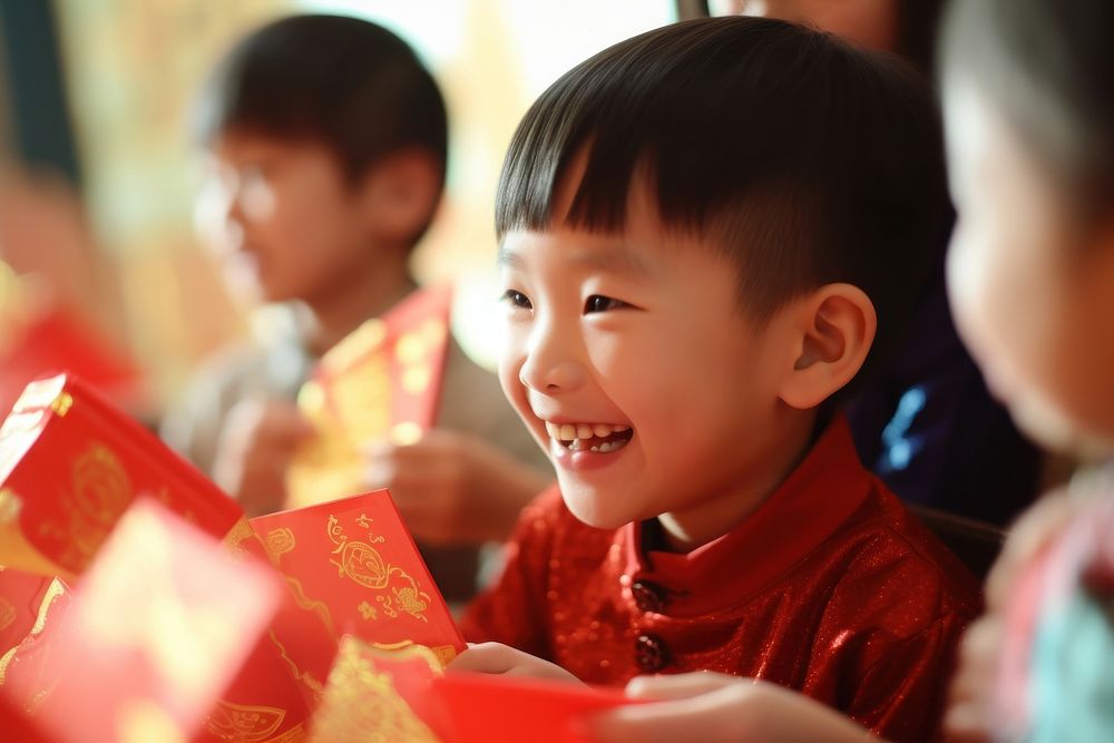 East asian kid sibling receive red envelopes celebration child chinese new year. AI generated Image by rawpixel.