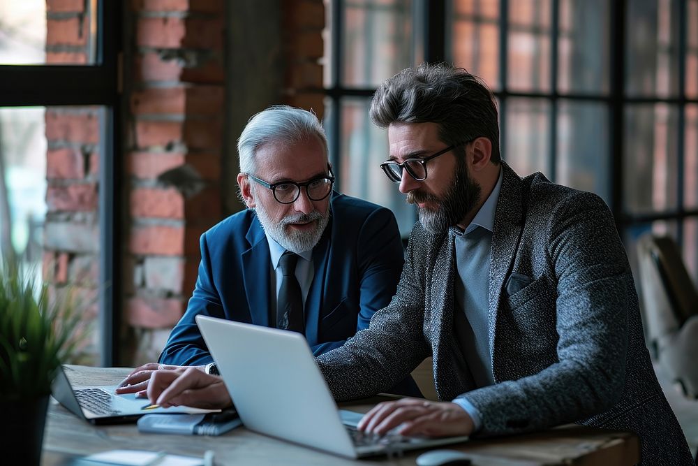 Two mature business man analyze the data conversation computer glasses. AI generated Image by rawpixel.