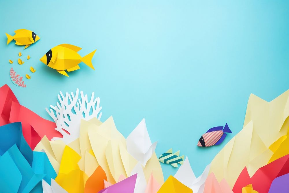 Fish in underwater sea with corals and reef paper origami art. AI generated Image by rawpixel.