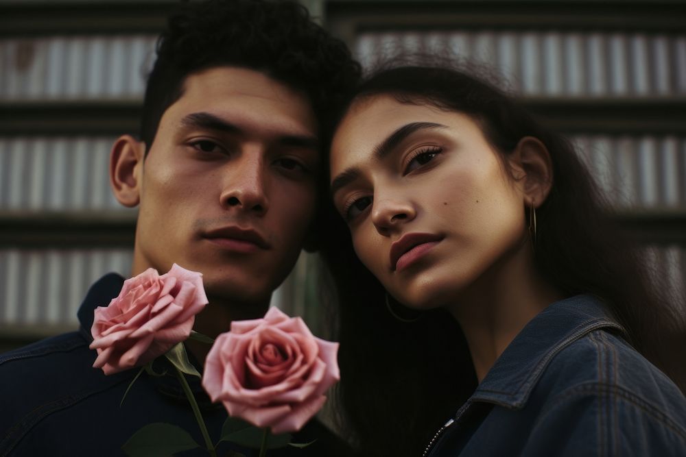Latinx young couple rose flower bouquet portrait adult. AI generated Image by rawpixel.