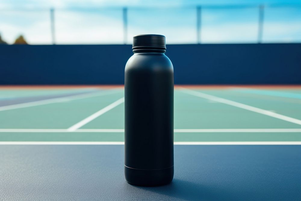 Black thermos bottle blue tennis court exercising. AI generated Image by rawpixel.
