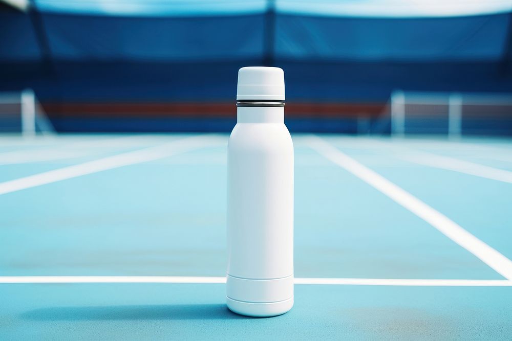 White thermos bottle blue refreshment exercising. 