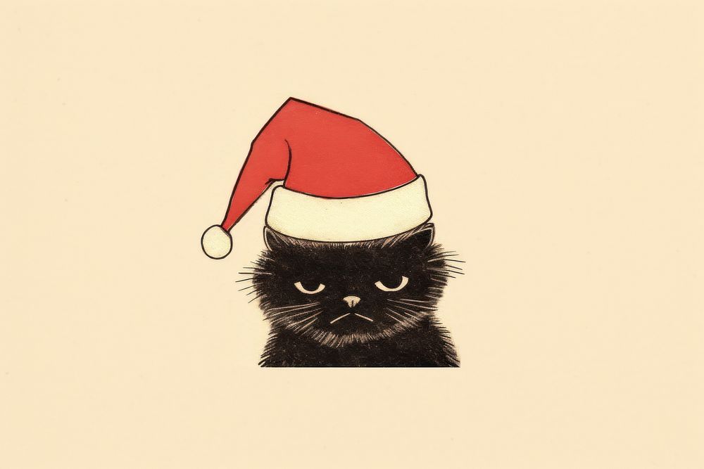 Black cat wearing santa hat drawing mammal animal. AI generated Image by rawpixel.
