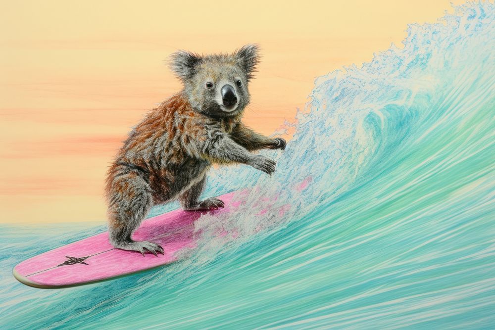 Koala wearing hawaii shirt surfing drawing sports nature. AI generated Image by rawpixel.