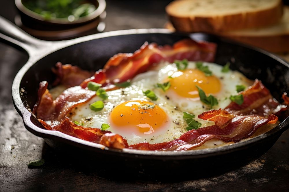 Iron pan food egg bacon. AI generated Image by rawpixel.