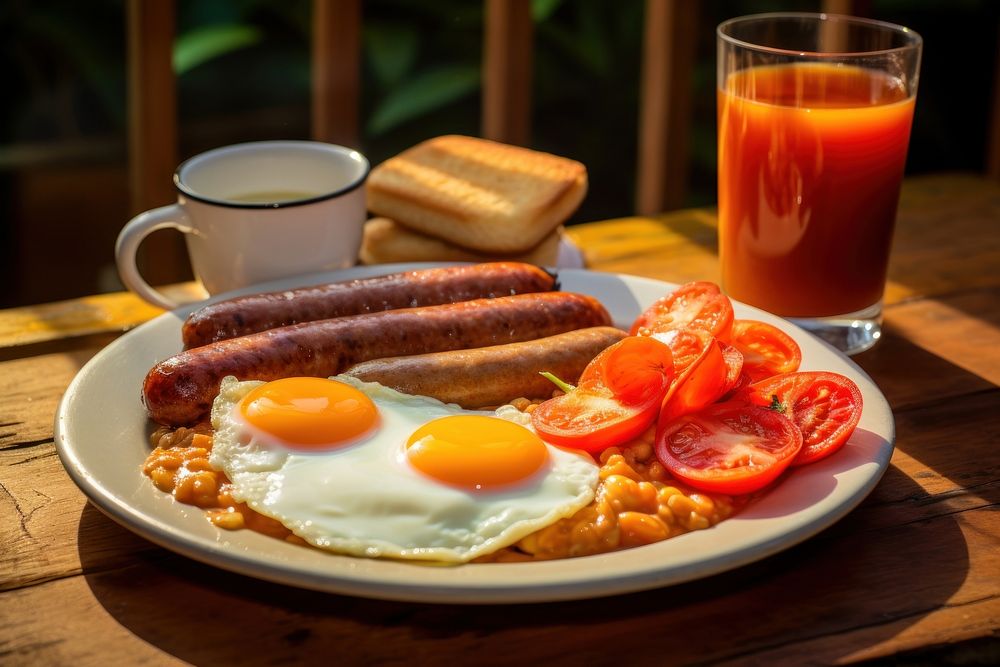 Breakfast plated on a table with cup of coffee and glass of juice brunch food egg. AI generated Image by rawpixel.