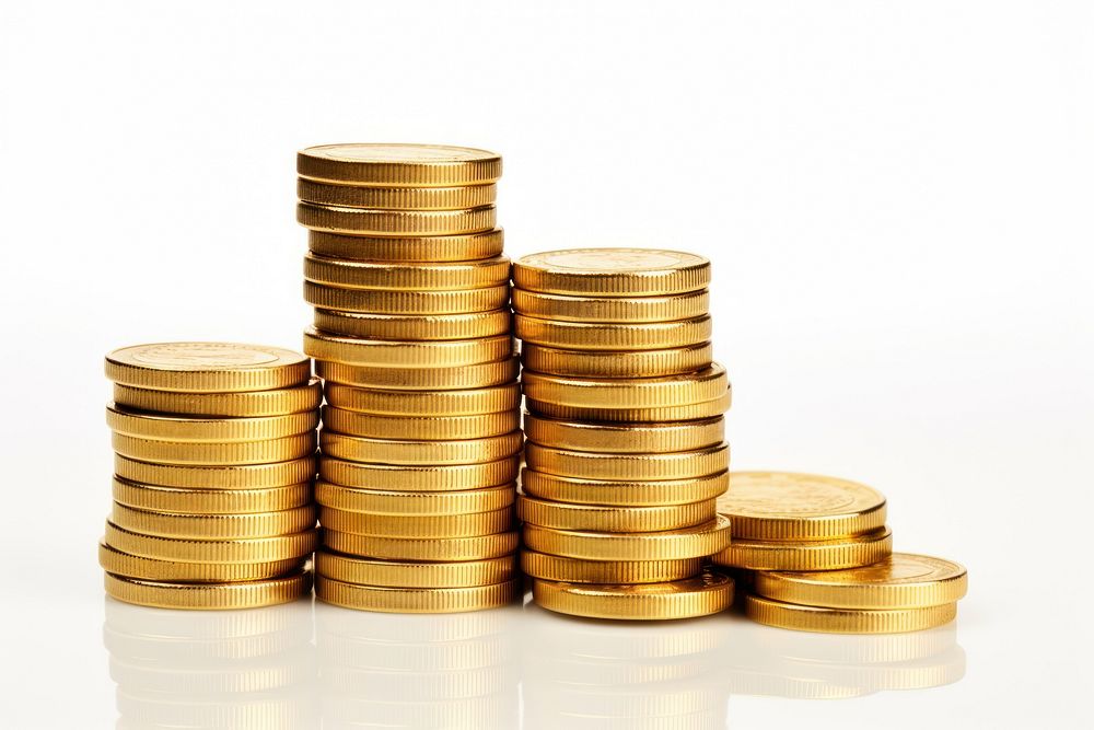 Golden coins stacked backgrounds money white background. AI generated Image by rawpixel.