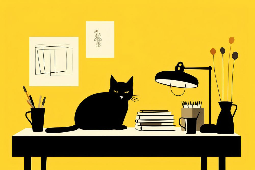 Blackcat sleeping on desk furniture animal mammal. AI generated Image by rawpixel.