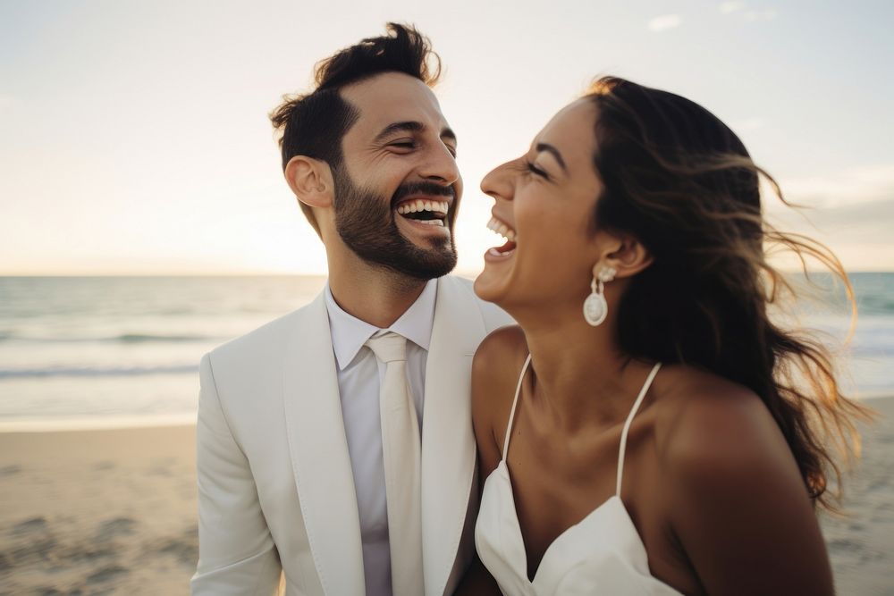 Latinx bride and groom laughing wedding portrait. AI generated Image by rawpixel.