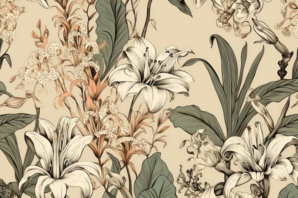 Lilies flowers wallpaper pattern sketch. 