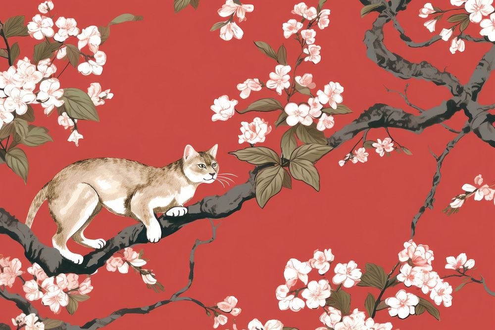 Sakura flowers wallpaper animal mammal. AI generated Image by rawpixel.