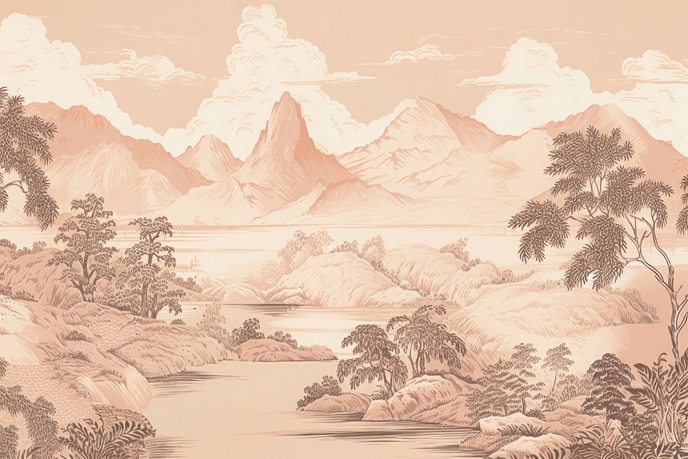 Sunset in the mountain landscape outdoors drawing. 