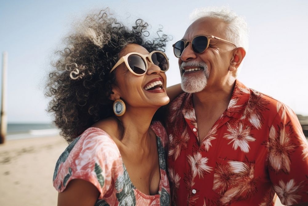 Latinx couple sunglasses laughing portrait. AI generated Image by rawpixel.