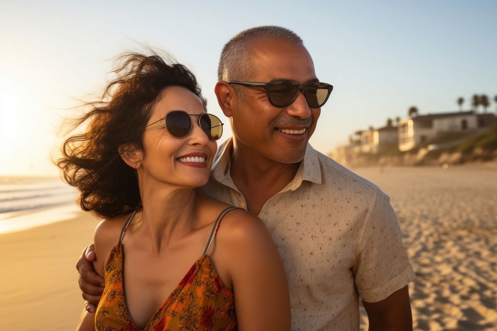 Latinx couple beach sunglasses portrait. AI generated Image by rawpixel.