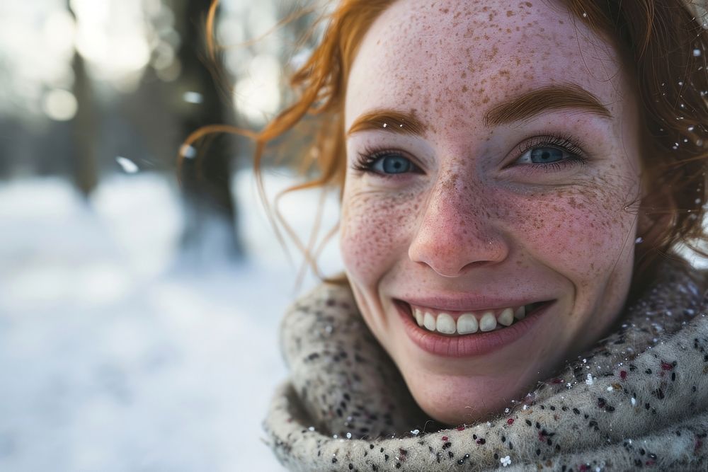Woman with freckles on face portrait winter smile. AI generated Image by rawpixel.