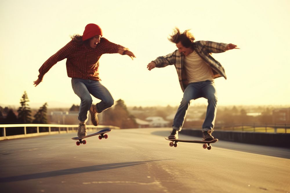 Two friends skateboard footwear jumping. AI generated Image by rawpixel.