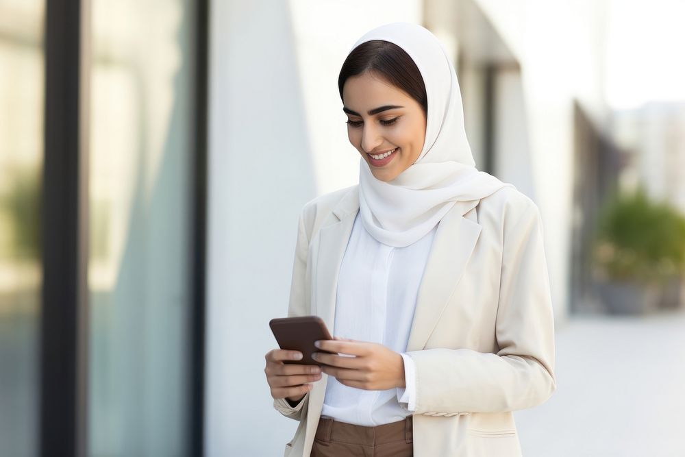 Arab woman using mobile phone smiling city architecture. AI generated Image by rawpixel.
