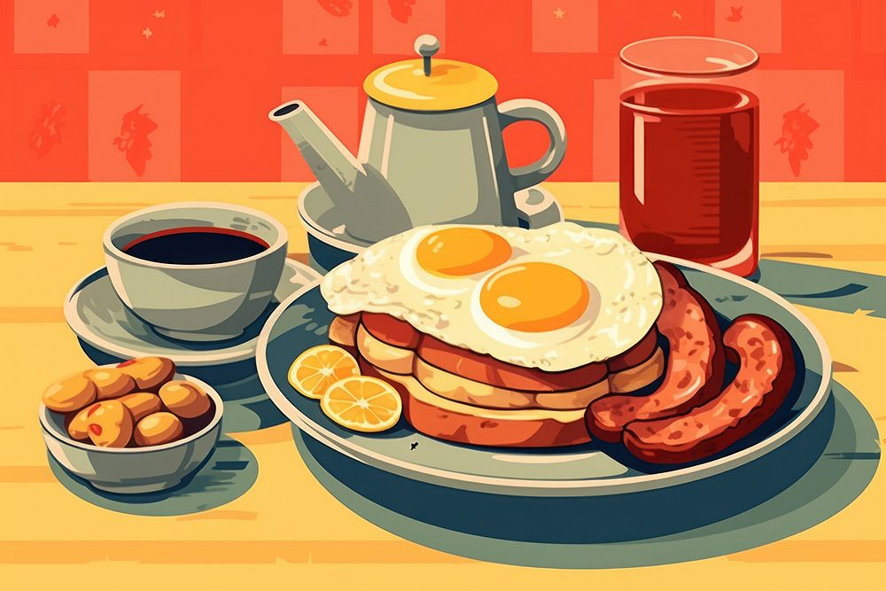 Old cartoon american breakfast brunch bread plate. AI generated Image by rawpixel.