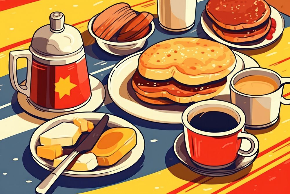 Old cartoon american breakfast brunch bread plate. AI generated Image by rawpixel.