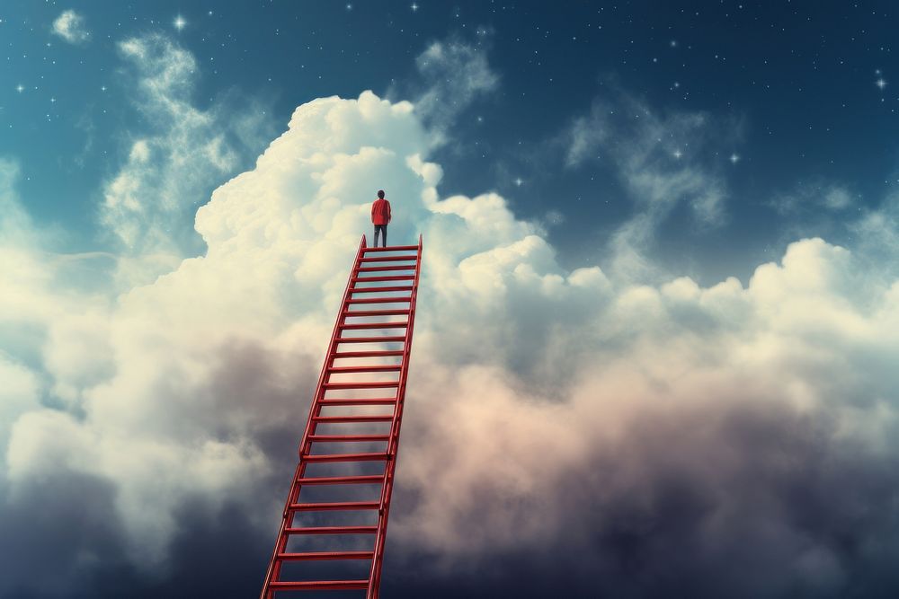 Person reaching the top of a red ladder sky outdoors nature. AI generated Image by rawpixel.