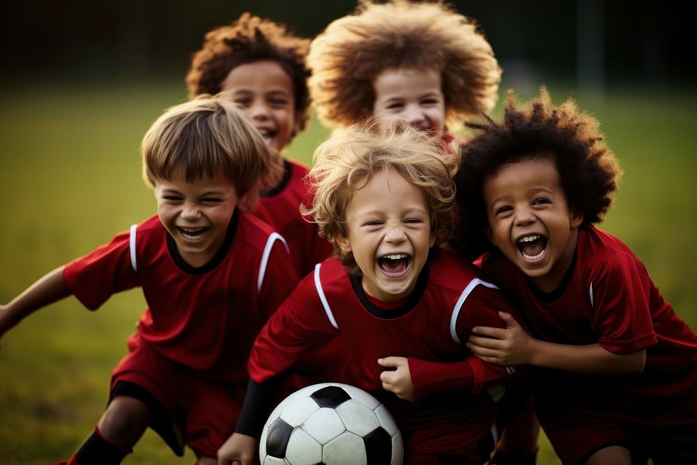 Happy kids soccer team praticing laughing football sports. AI generated Image by rawpixel.