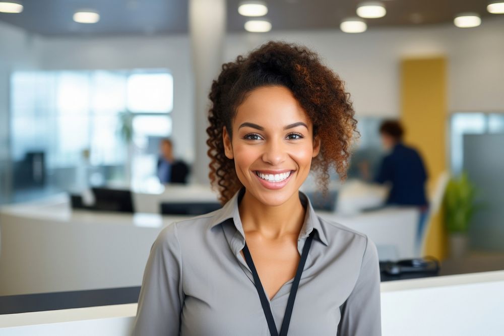 Woman receptionist cheerful adult smile. 