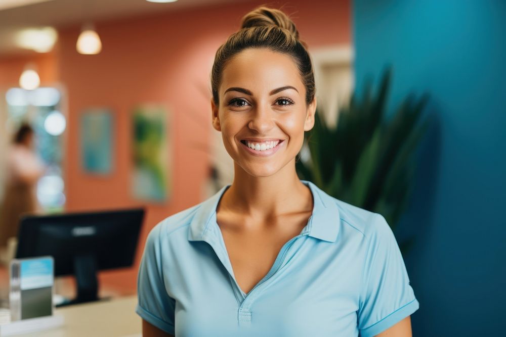Woman receptionist cheerful adult smile. AI generated Image by rawpixel.