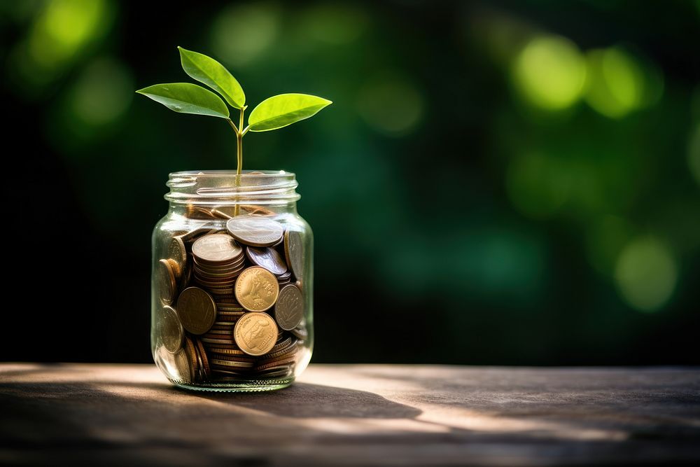 A green little plant in jar full of coins investment container currency. AI generated Image by rawpixel.