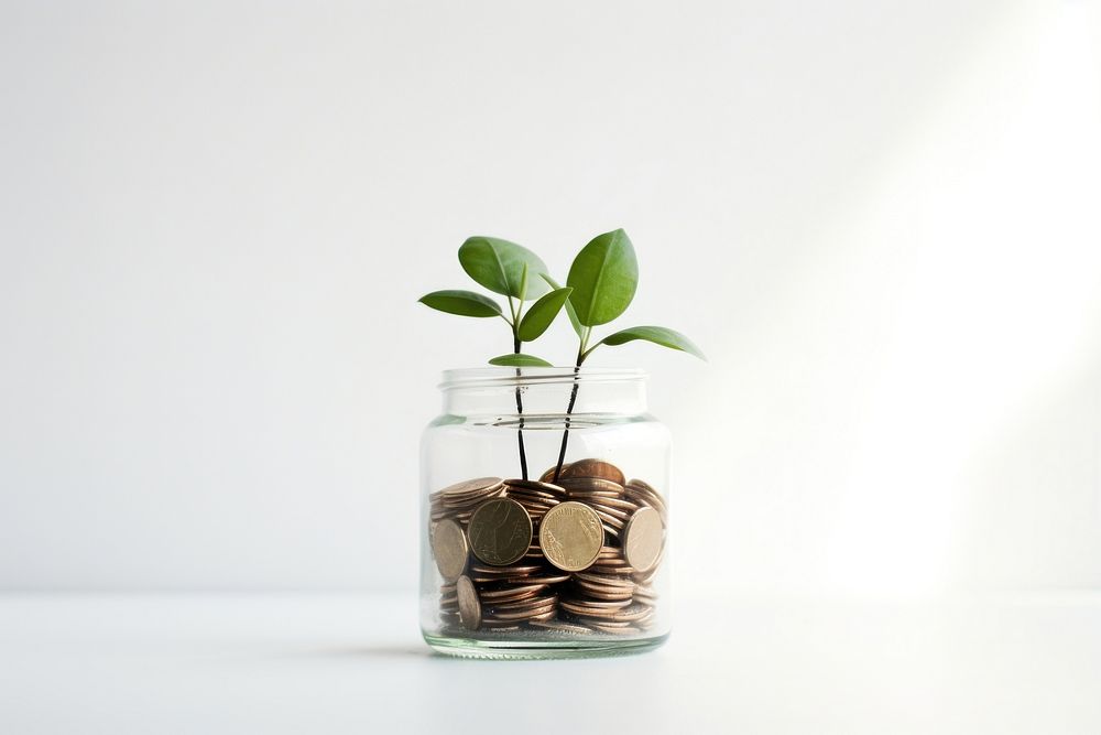 Green little plant in jar full of coins investment flowerpot currency. AI generated Image by rawpixel.