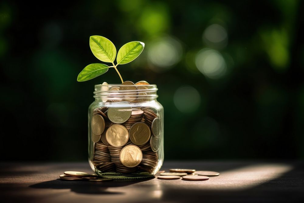 A green little plant in jar full of coins money investment currency. AI generated Image by rawpixel.