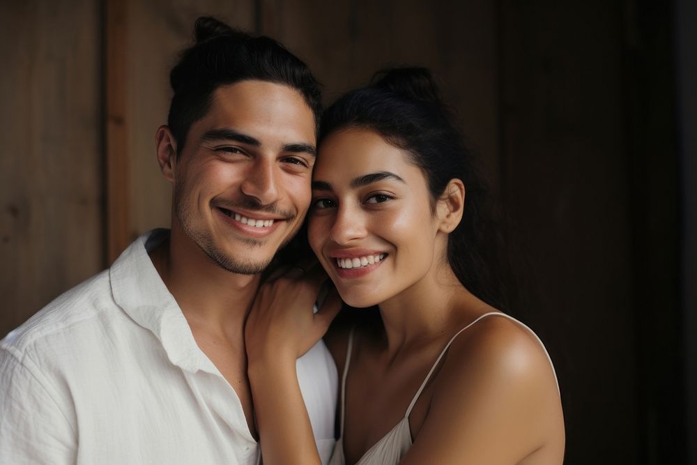 Latinx couple smile laughing adult. AI generated Image by rawpixel.
