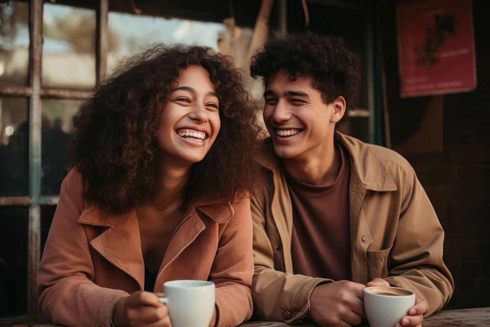 Latinx couple coffee laughing drinking. AI generated Image by rawpixel.