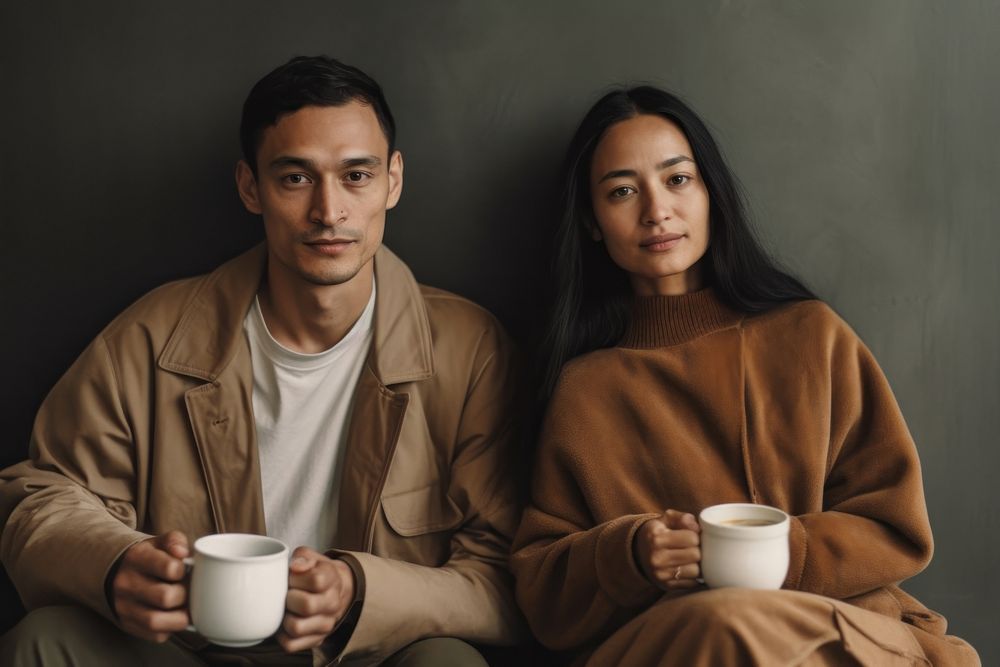 Latinx couple coffee drinking portrait. AI generated Image by rawpixel.