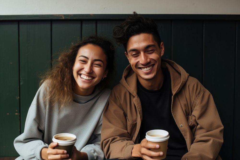 Latinx couple coffee smile drink. AI generated Image by rawpixel.