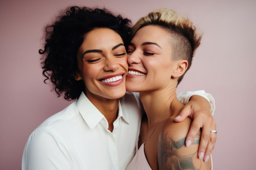 Latinx lesbian couple smile laughing portrait. AI generated Image by rawpixel.