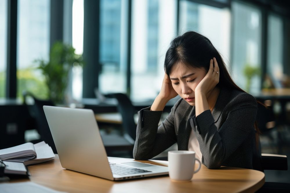 Singaporean businesswoman on the phone in the office with headache and phone computer worried laptop. AI generated Image by…