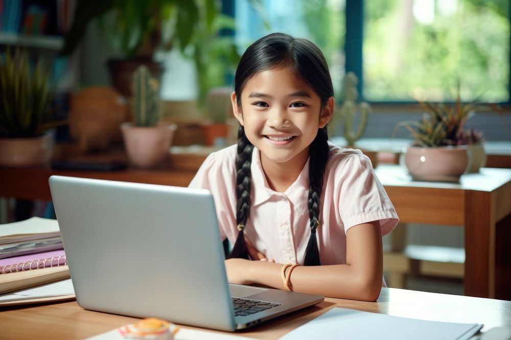 Smiling girl doing work at home laptop computer sitting. AI generated Image by rawpixel.