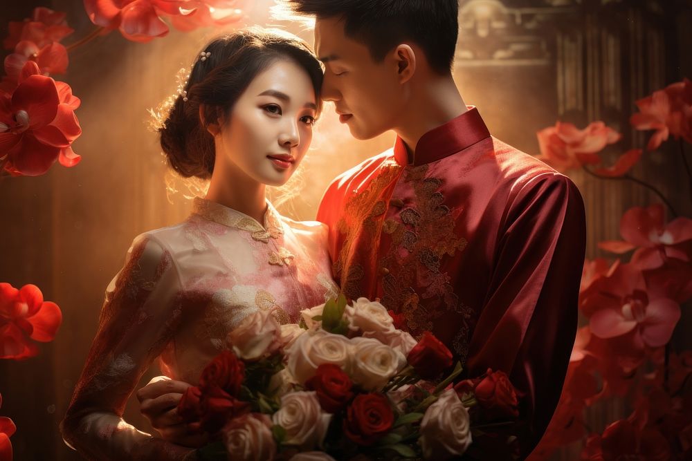 Vietnamese couple wedding flower adult. AI generated Image by rawpixel.