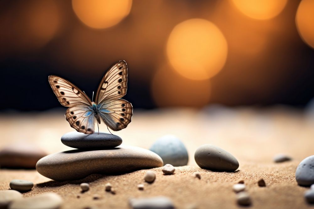 Butterfly on spa massage stones pebble medication fragility. AI generated Image by rawpixel.