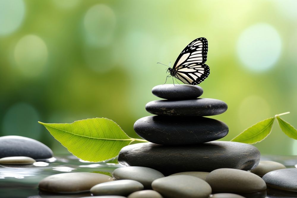 Butterfly on spa massage stones pebble plant leaf. AI generated Image by rawpixel.