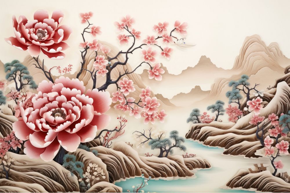 Chinese wallpaper pattern flower plant. AI generated Image by rawpixel.